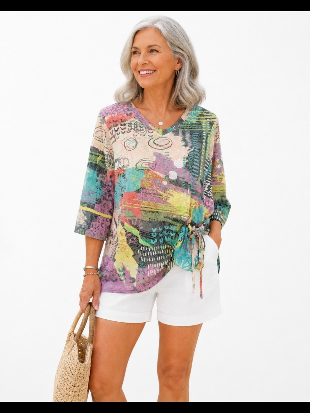 Ali Miles PS Petite Small Abstract Art Print Tunic Top Front Pocket 3/4 Sleeve